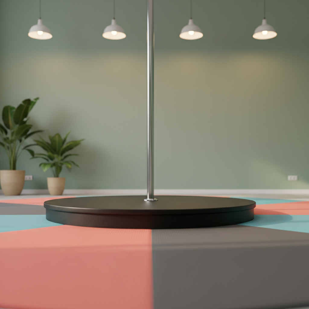 A close-up, photographic image of a single pole fitness station: a gleaming stainless-steel pole rising from a circular, matte-black base, surrounded by thick, colorful crash mats in coral, aqua, and charcoal gray. The scene is set in a minimalist studio with no mirrors, just a soft, textured sage-green wall and a few potted plants with wide, glossy leaves in simple ceramic pots. Warm, diffused pendant lighting from above creates subtle highlights on the pole and gentle shadows on the mats. Shot from a low angle with shallow depth of field, the composition feels dynamic and energetic, evoking the fun, supportive vibe of a laid-back Sunday pole session.