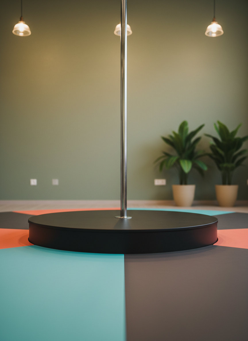 A close-up, photographic image of a single pole fitness station: a gleaming stainless-steel pole rising from a circular, matte-black base, surrounded by thick, colorful crash mats in coral, aqua, and charcoal gray. The scene is set in a minimalist studio with no mirrors, just a soft, textured sage-green wall and a few potted plants with wide, glossy leaves in simple ceramic pots. Warm, diffused pendant lighting from above creates subtle highlights on the pole and gentle shadows on the mats. Shot from a low angle with shallow depth of field, the composition feels dynamic and energetic, evoking the fun, supportive vibe of a laid-back Sunday pole session.