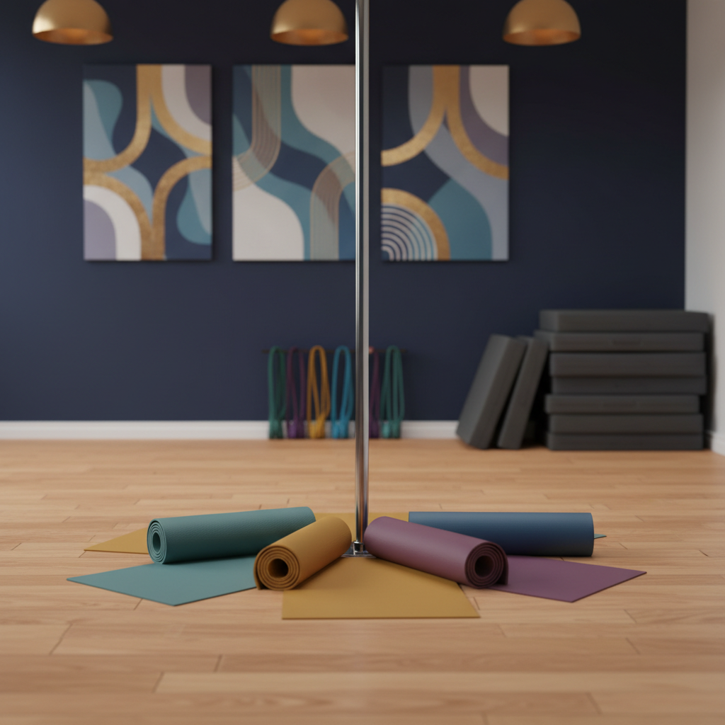 A polished chrome pole stands in the center of a cozy, mirror-free studio, its surface catching soft, warm overhead light. Around it, neatly rolled yoga mats in muted teal, mustard, and plum rest on smooth, honey-colored wooden flooring. In the background, a stack of cushioned crash pads and resistance bands sit against a deep navy wall adorned with abstract, non-figurative art. Photographic realism with an eye-level composition emphasizes the inviting, laid-back atmosphere, with gentle shadows adding depth. The mood is playful yet calm, suggesting a Sunday evening class focused on strength and fun rather than performance, captured with crisp focus and a slightly blurred background to create intimacy.