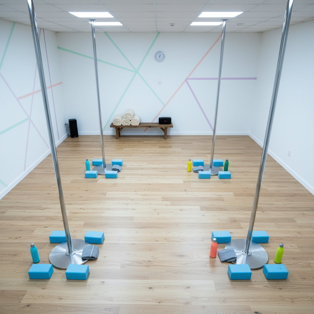 An overhead, photographic view of a mirror-free pole fitness studio prepared for a small Sunday class. Four evenly spaced chrome poles rise from circular bases on smooth, pale oak flooring. Around each pole, neatly arranged foam blocks, grip cloths, and colorful water bottles form small clusters, hinting at individual practice spaces. Along one wall, a low wooden bench holds folded blankets and a speaker, while the opposite wall shows abstract geometric decals in soft pastels. Cool, even studio lighting fills the room without harsh glare, creating a welcoming, community-focused atmosphere. The composition uses strong lines and symmetry to convey structure balanced with a relaxed, playful energy.