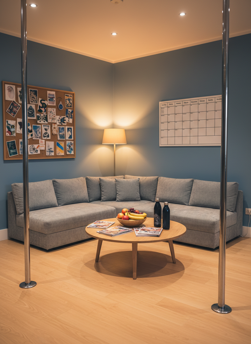 A photographic, wide-angle shot of a welcoming pole studio corner designed for cool-down and socializing after class. A low, modular sofa in soft gray fabric wraps around a small coffee table scattered with fitness magazines, fruit, and reusable water bottles. Two chrome poles stand nearby on the same smooth wooden floor, linking relaxation and training. The walls are painted a calming dusty blue, accented by a cork board pinned with abstract postcards and a simple weekly schedule layout without text details. Warm, ambient lighting from floor lamps and overhead fixtures casts gentle, flattering light across the space. The mood is laid-back and communal, emphasizing this as a chill Sunday evening hangout spot linked to pole fitness.
