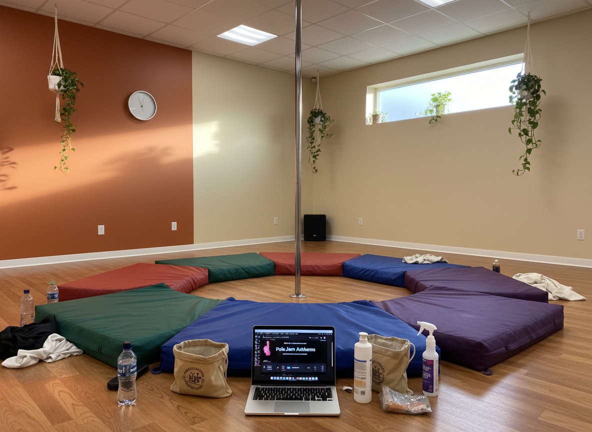 A photographic, medium-wide shot of a relaxed post-class Pole Jam setup: a circle of cushioned mats in rich jewel tones surrounding a central chrome pole, with an open laptop on the floor displaying a paused playlist screen and a scattering of chalk bags and grip bottles nearby. The studio walls are painted in warm terracotta and soft cream, decorated only with a few hanging plants and a minimal wall clock, clearly showing early evening. Golden hour light filters through a high, frosted window, mixing with gentle overhead lights to create a cozy glow. The composition, framed at eye level, evokes a friendly, unpretentious space made for hanging out, playing, and building strength together.