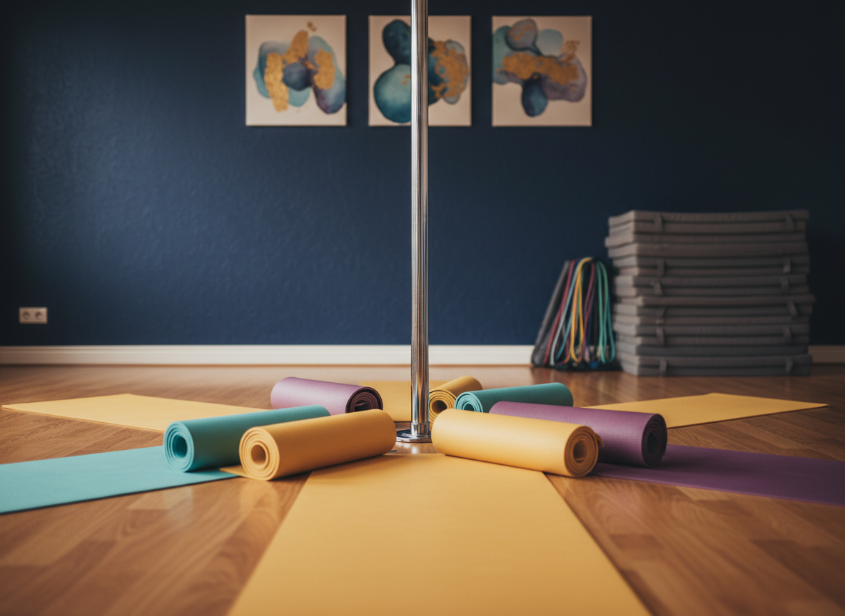 A polished chrome pole stands in the center of a cozy, mirror-free studio, its surface catching soft, warm overhead light. Around it, neatly rolled yoga mats in muted teal, mustard, and plum rest on smooth, honey-colored wooden flooring. In the background, a stack of cushioned crash pads and resistance bands sit against a deep navy wall adorned with abstract, non-figurative art. Photographic realism with an eye-level composition emphasizes the inviting, laid-back atmosphere, with gentle shadows adding depth. The mood is playful yet calm, suggesting a Sunday evening class focused on strength and fun rather than performance, captured with crisp focus and a slightly blurred background to create intimacy.